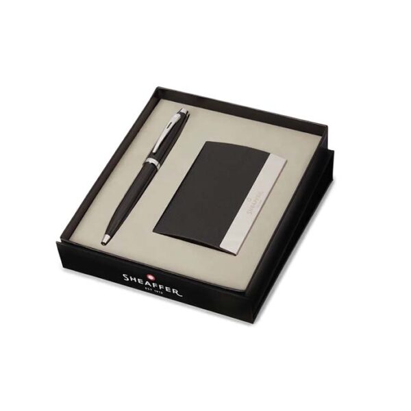 Glossy Black 100 Ballpoint Pen with Chrome Trims and Business Card Holder