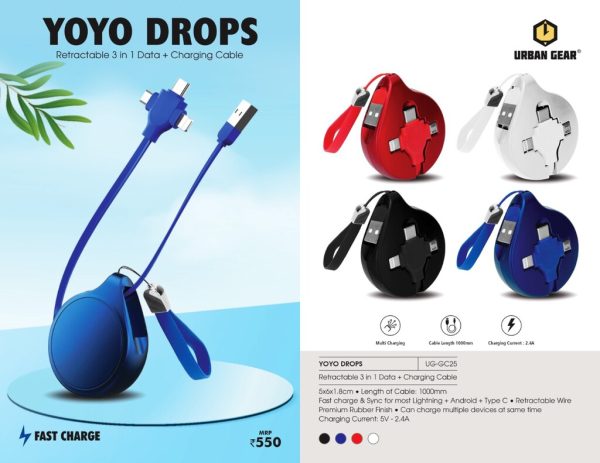 YOYO Drops - Retractable 3in 1 Data + Charging Cable